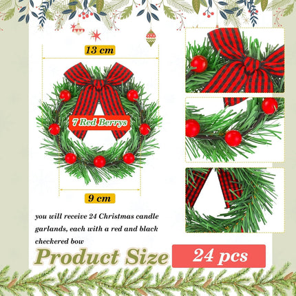 24 Pcs Christmas Candle Rings with Red Berry Grass Wreath Candle Holder Rings Small Candle Wreaths Rings for Pillars Rustic Wedding Centerpiece Christmas Table Decoration for Front Door