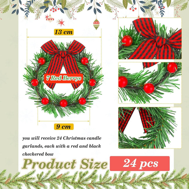 24 Pcs Christmas Candle Rings with Red Berry Grass Wreath Candle Holder Rings Small Candle Wreaths Rings for Pillars Rustic Wedding Centerpiece Christmas Table Decoration for Front Door