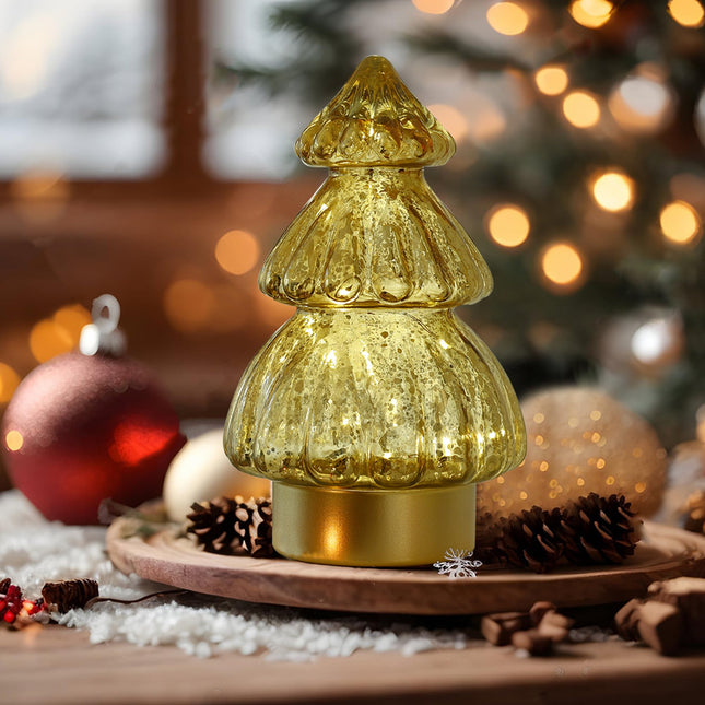 Glass Christmas Tree - Small Battery Operated Desk Lamp with Timer, Tabletop Christmas Tree Decoration Indoor, Glass Xmas Cordless Table Lamp for Bedroom College Dorm Room Christmas Decor Gold