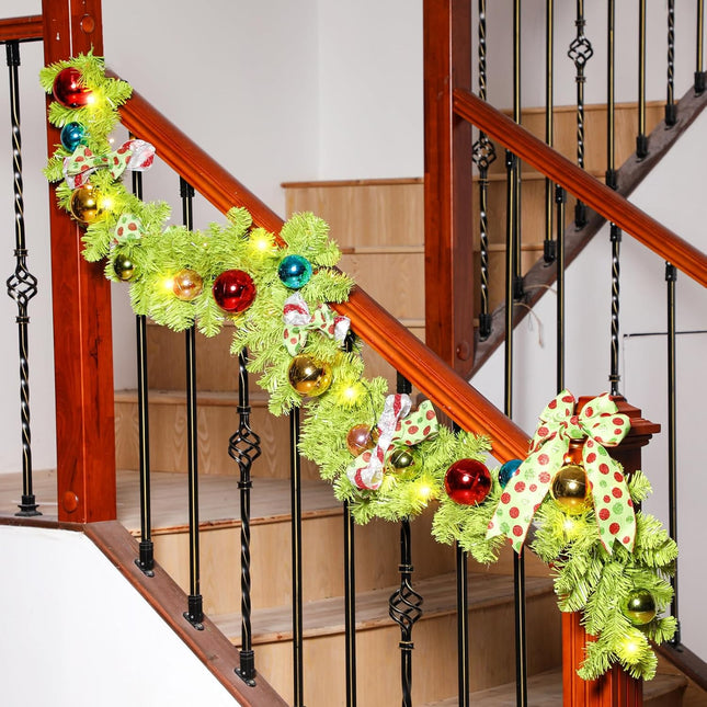 Jutom Lime Green Ornament Garland Whimsical Christmas Garland with Colorful Ball Ornaments and Light Bright Green Holiday Garlands for Fireplace Mantle Staircase Porch Indoor Outdoor Decor, 6 ft