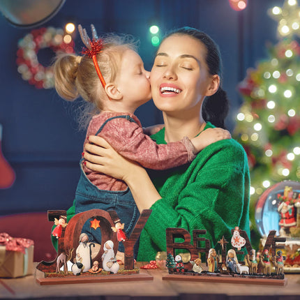 3 Pack Wood Merry Christmas Table Decorations Wooden Nativity Joy Table Centerpiece Sign Farmhouse Christmas Table Topper for Room Table Fireplace Bar Xmas Decor(Vivid Style)