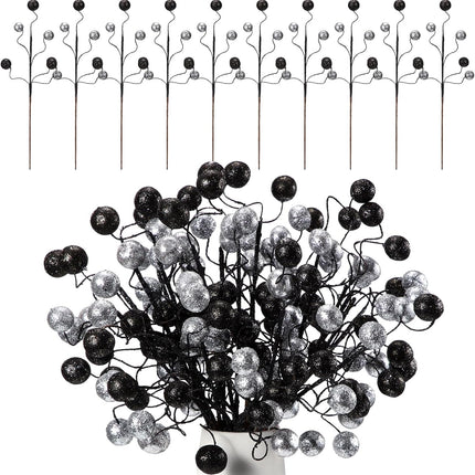 Hiboom 30 Pcs Christmas Glitter Ball Picks 14 Inch Artificial Curly Spray Ball Sticks Decorative Stem Picks for Holiday Wedding Vase Fillers Xmas Tree Topper DIY Wreath Crafts Decor (Black and Silver)
