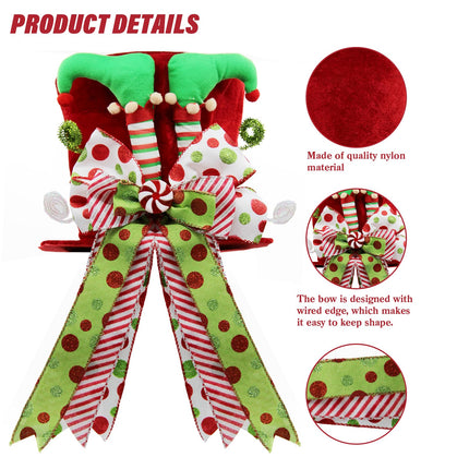 Christmas Tree Topper Hat with Bow, Large Christmas Tree Topper with Elf Legs and Red & Green Polka Dot Bow, Tree Toppers Christmas Decorations for Winter Holidays
