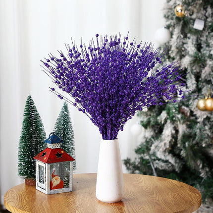 Geosar 30 Pcs Christmas Artificial Glitter Berry Stem Decorations Bead Sticks Pick 17 Inch Xmas Ornaments Glittery Twigs for Christmas Tree Halloween Wreath Vase Filler Home Decor(Purple)