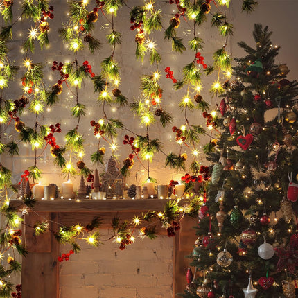 2 Pieces Christmas Garland with Lights Battery Operated Christmas Smokey Pine Garland Red Berry Pine Cone LED Christmas Lights for Mantel Pine Garland with Lights for Fireplace Stair Party (9 ft)