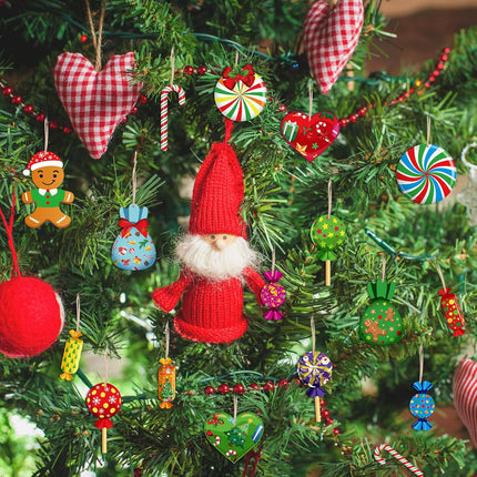 Soaoo 100 Pieces Christmas Peppermint Candy Hanging Ornaments Wood Christmas Tree Ornaments Set Lollipop Gingerbread Candy Cane Decorations with Rope Decorative Hanging Ornaments for Xmas (Stylish)