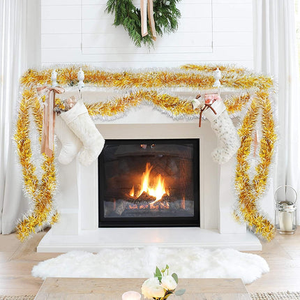 TURNMEON 5 Pack Total 33 Feet Tinsel Christmas Garland Decoration Metallic Streamers Xmas Tree Decor Holiday Xmas Party Supplies Indoor Outdoor Home Decor, Each 6.6Ft by 4Inch (Gold)