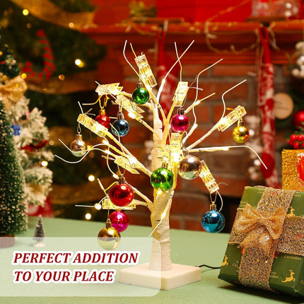 4 Pcs Christmas Artificial Birch Tree with LED Lights Battery and USB Powered Tabletop Tree Warm White with 48 Christmas Balls Ornaments for Table Bedroom Office Home Wedding, 1.5ft, 24 LED