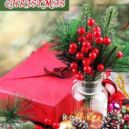 150PCS Artificial Pine Cones Branch Set, Kalolary Assorted Artificial Pine Needles Branches Snowy Christmas Tree Floral Twig Picks Christmas Red Holly Berry Stems for Xmas Winter Party DIY Craft Decor
