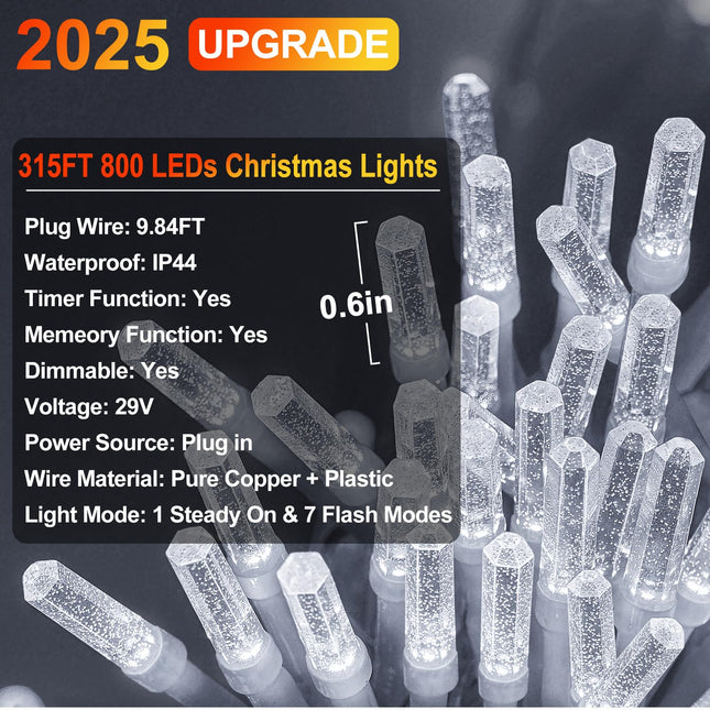 KNO 315FT 800 LED Christmas Lights Outdoor String Lights with Timer and 8 Modes Plug-in Waterproof Dimmable Fairy Lights for Christmas Tree Bedroom Yard Wedding Xmas Classroom Decor(Cool White)