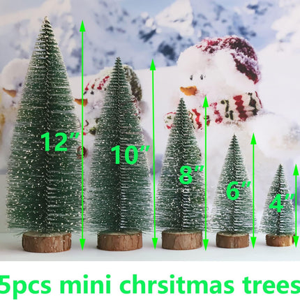 Bottle Brush Christmas Trees 5Sizes Mini Christmas Trees Small Christmas Trees Mini Pine Trees Desktop Miniature Christmas Trees with Snow and Wooden Base for Crafting Decorations (Plant Green)