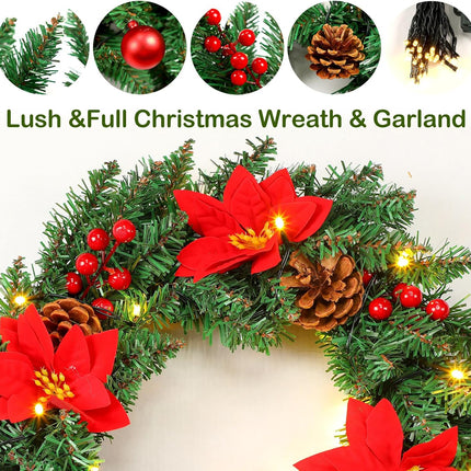 Yingzhao 2 Pcs Pre-lit 9ft Christmas Garlands with 17.7'' Artificial Xmas Wreath Poinsettia Christmas Garland Decorations with Large Red Bows Wreath Hanger for Holiday Fireplace Pathway Home Decor