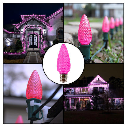 C9 LED Bulb (Pack of 25) LED Pink Replacement Christmas Light Bulbs Faceted Retrofit Candle Shape Commercial Grade E17 Socket Roof Lights Bulbs
