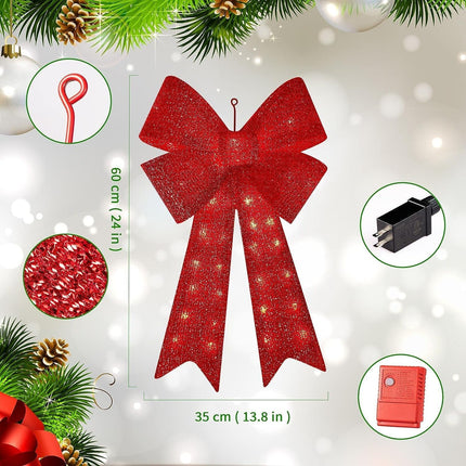Christmas Glitter Red Bow，Lighted Large Christmas Bows Wreath Decoration,Christmas Tree Topper Decorative Bow for Indoor Outdoor Christmas Parties Decorations (32IN 72LED)