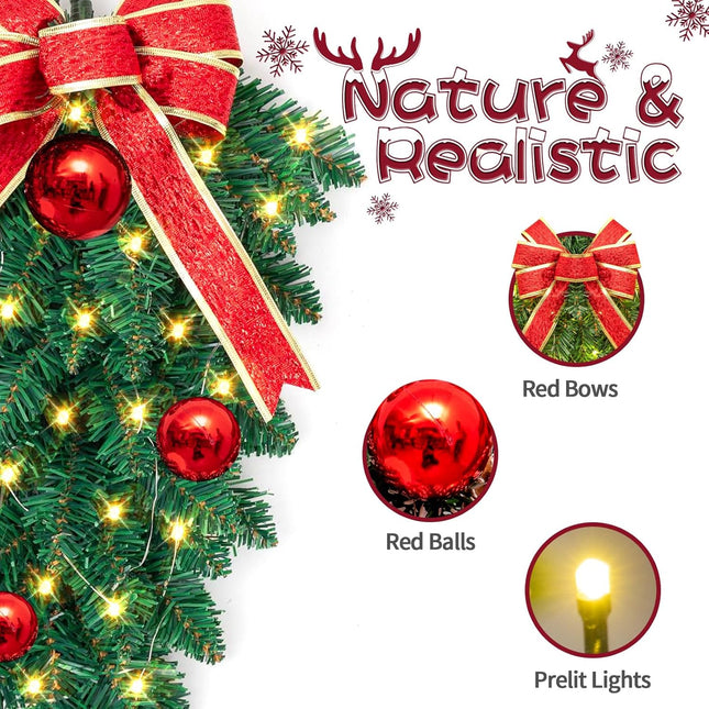 2 Pack Christmas Teardrop Swags Trim, Artificial Pine Swag with Bowknot, Red Berries and Pinecone, Winter Pine Needles Swag Greenery Cedar Swag for Xmas Table Door Decor (Green&Red)
