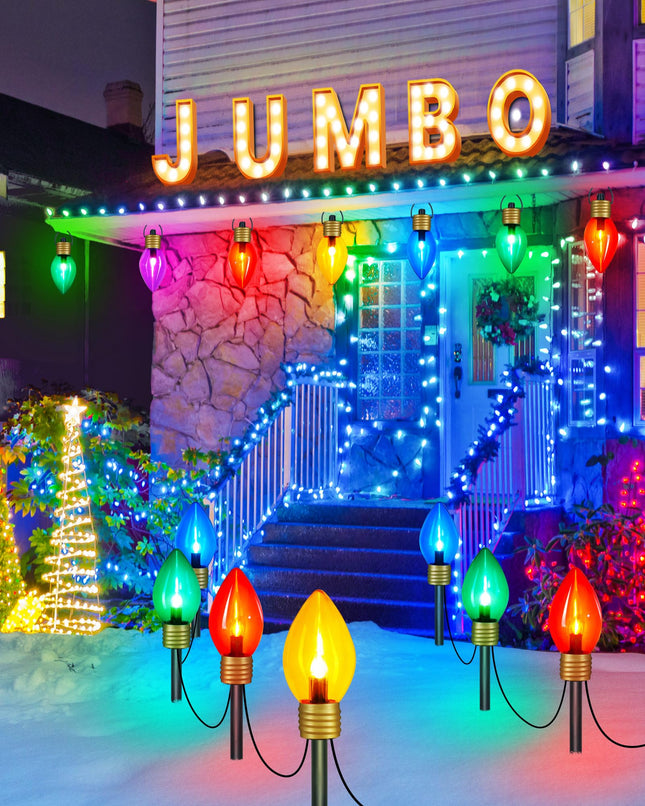 Minetom Christmas Lights Jumbo C9 Outdoor Lawn Decorations with Pathway Marker Stakes, 8.5 ft C7 Lights Covered Jumbo Glitter Multicolor Bulb for Holiday Outside Yard Garden Decor, 5 Lights