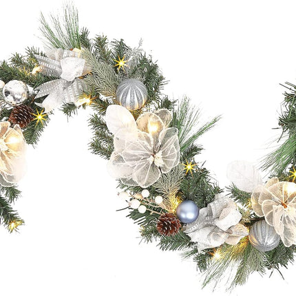 Pre-lit 6 feet Winter White Silver Christmas Garland Decor 20 LED Lights,Garland with Balls and Ribbon Bow,Xmas Decoration on Mantle Fireplace Front Door Indoor Outdoor,Battery Operated