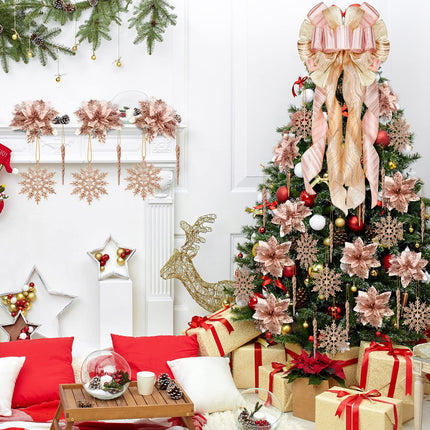 37 Pieces Christmas Rose Gold Tree Ornaments Set, Christmas Decorative Bow Topper 12 Glitter Flowers Decorations 12 Plastic Xmas Snowflake Icicle Ornaments Set for Holiday Party Decoration