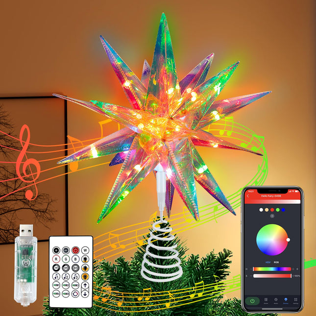 Christmas Tree Topper Star, 3D Moravian Star Tree Topper, Iridescent Christmas Star Tree Topper Powered by USB, App Control LED Smart Christmas Light with Remote for Xmas Tree