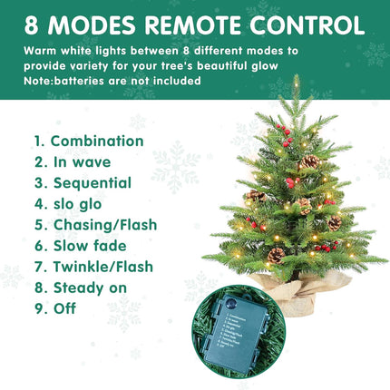 Kadunmina 2ft Prelit Table Top Christmas Tree,Mini Artificial Christmas Tree with 50 Lights&177 Tips&5 Berries&5 Pinecones,Small Tabletop Xmas Tree with Burlap Base for Christmas Table Decor,8 Modes