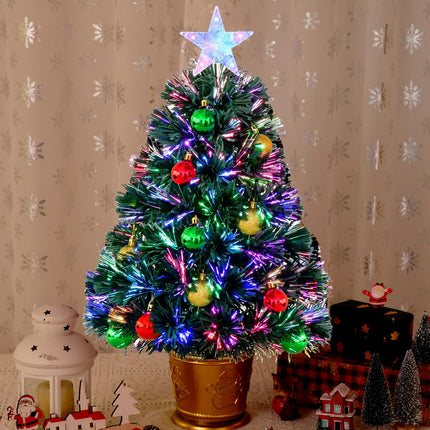 Waipfaru 24 Inch Green Fiber Optic Christmas Tree, Prelit Artificial Mini Christmas Tree with Christmas Decorations Ball, Tabletop Small Xmas Tree with Stars, for Christmas Decorations