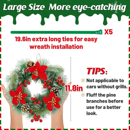Car Wreath Truck Christmas Decor - 11.8in Xmas Front Grille Decoration s for SUVs Automotive, Winter Holiday Artificial Pine Needles Pinecone Ornament Accessories - Red Flower Berry