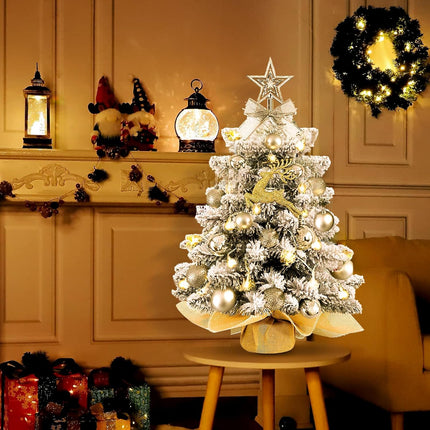 Mini Christmas Tree with Lights,24In/2ft Snow Flocked Pre-lit Tabletop Christmas Tree with 19 Decorations,Artificial Small Christmas Tree -for Table Desk Home Christmas DIY Decor