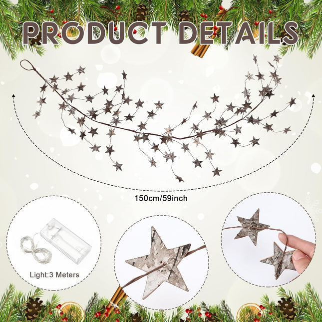 5ft Christmas Star Garland with 30 Lights Hanging Vine Garland Lighted Wooden Star Garland Christmas Decorations Rustic Style for Home Porch Front Door Table Mantle Outdoor Xmas Decor