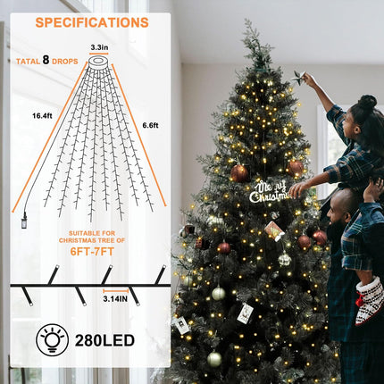 BOLWEO Christmas Tree Lights, 280LED Christmas Lights for Tree 8 Modesfor 6ft-7ft Christmas Tree, UL Certified Indoor Outdoor Christmas Decorations 8 6.6ft Drops Warm White