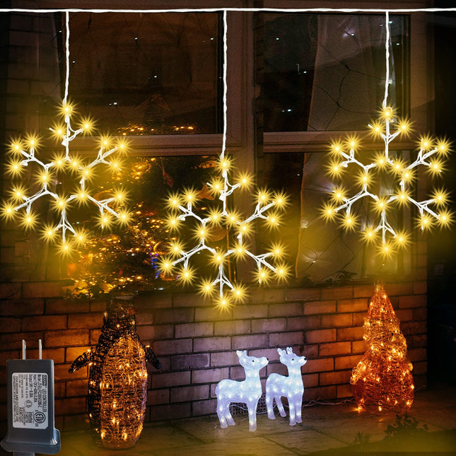 Christmas Snowflake Icicle Lights Outdoor Decoration, LED String Lights 8 Modes, Hanging Twinkle Fairy Lights for Roof Window Home Party Garden Yard Christmas Decoration, Warm White