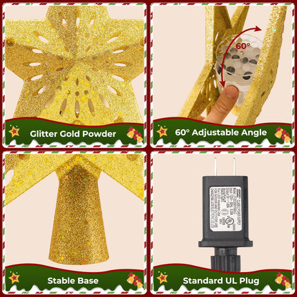 Christmas Tree Topper Lighted with 8 Projection Modes, Christmas Tree Star Topper Built-in LED Rotating Projector Lights, 3D Hollow Lighted Tree Topper Glitter Christmas Tree Decorations (Gold)