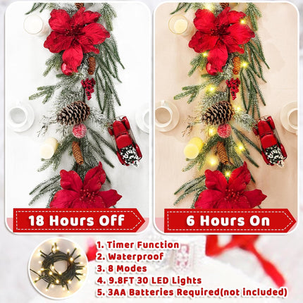 Christmas Garland Decorations, 5.9 FT Real Touch Pine Garland with Red Poinsettias, Flocked Christmas Garland with Red Berries Balls Pinecones for Mantle Front Door Fireplace Table Decor