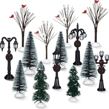 14 Pcs Christmas Accessories Village Figurine Miniature Pine Trees Snow Artificial Christmas Trees Bare Branch Trees Street Lights Lamps for Xmas DIY Crafts Winter Room Landscape (Fresh Style)