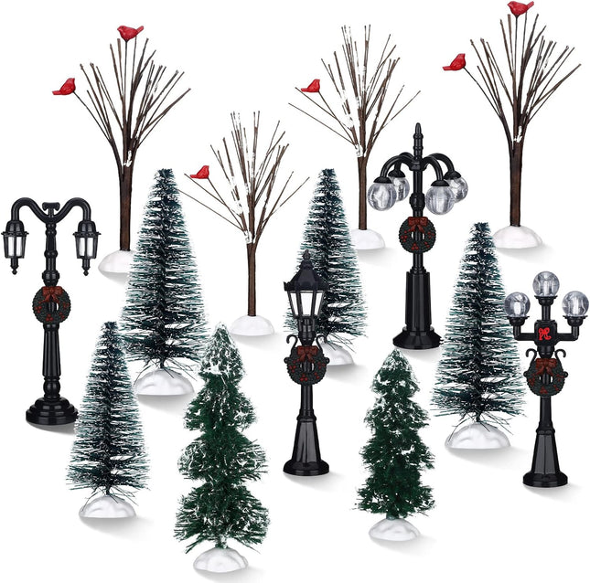 14 Pcs Christmas Accessories Village Figurine Miniature Pine Trees Snow Artificial Christmas Trees Bare Branch Trees Street Lights Lamps for Xmas DIY Crafts Winter Room Landscape (Fresh Style)