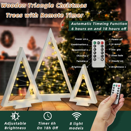 Set of 3 Tabletop Wood Christmas Tree with Lights, Lighted Wooden Triangle Christmas Trees with Remote Timer Farmhouse Holiday Xmas Tree Decorations for Home Fireplace Mantle Decor (White)