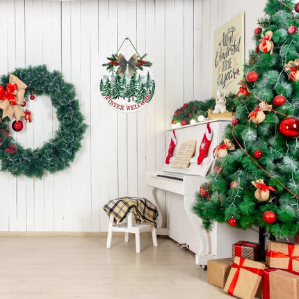 VELLOW Winter Front Door Welcome Sign, Merry Christmas Wooden Welcome Door Sign, Christmas Winter Pine Tree Welcome Wreath 12x12 inches