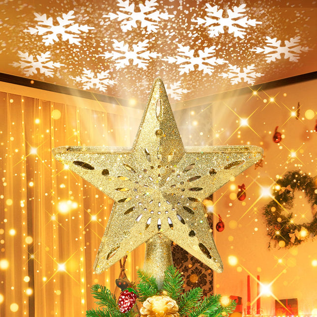 Christmas Tree Topper, Christmas Tree Topper Lighted with LED Snowflake Projector 3D Glitter Light, Christmas Star Tree Topper for Party Holiday Xmas Decorations s
