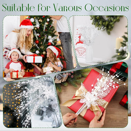 XunYee 60 Pcs Christmas Picks and Sprays for Tree,3 Styles Glitter Artificial Christmas Berry Stem Xmas Tree Filler Branch Ornaments Bead Stick for Christmas Tree Wreath Garland Decor(White)