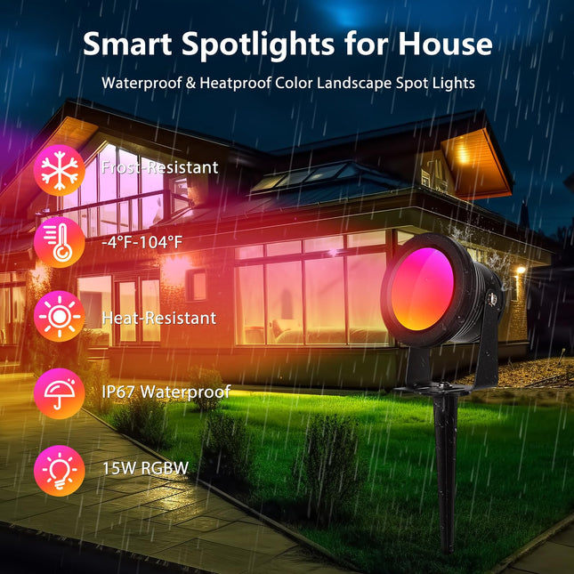 4 Pack Spotlight Outdoor Floodlight Fixture With Stake & Wall Mount Base, APP Control, 15W RGBW Landscape Lighting Dimmable Color Changing IP67 Waterproof for House Garden Yard Christmas Tree Decor