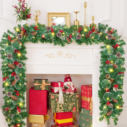 9 FT Christmas Garland with Lights, Lighted Christmas Garland for Mantel, Garlands for Decoration Christmas with Pinecone, Red Berry, Pine, 3 Modes Lighting Christmas Decor for Door, Table, Fireplace