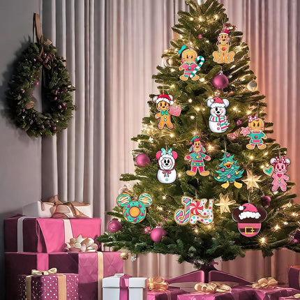 24 Pcs Cartoon Mouse Christmas Tree Ornaments, Gingerbread Man Dog Duck Snowman Wooden Xmas Tree Hanging Decorations Set, Funny Joy Home Decor Winter Holiday Party Supplies with Jute Rope