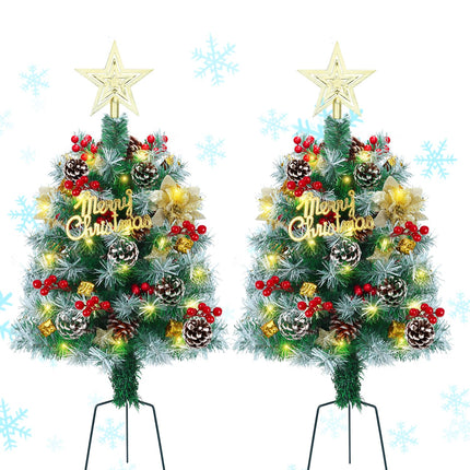2.6FT Outdoor Pathway Christmas Trees Lighted Battery Powered,Small Artificial Christmas Tree Snow Flocked,Pre-Lit Christmas Pine Trees for Grave,Porch (2PACK)