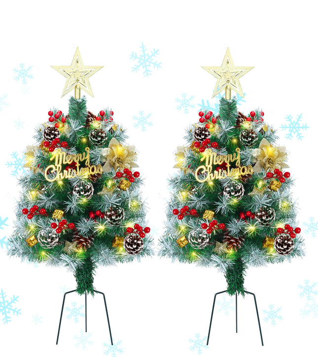 2.6FT Outdoor Pathway Christmas Trees Lighted Battery Powered,Small Artificial Christmas Tree Snow Flocked,Pre-Lit Christmas Pine Trees for Grave,Porch (2PACK)