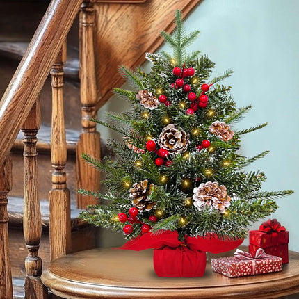 24 Inch Tabletop Christmas Tree,Realistic-Feel PE Norfolk Pine Frosted Mini Small Christmas Tree with Timer 30 LED Warm Lights Red Berry Pincone Cloth Base Cedar Artificial Xmas Tree Home Indoor Table