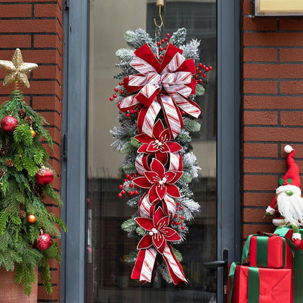 36 Inch Pre-Lit Christmas Teardrop Swag, Soomeir Winter Holiday Swags Wreaths with Red Velvet Glitter Stripe Ribbon, Red Berries for Front Door, Wall Window Fireplace Mailbox Artificial Decor