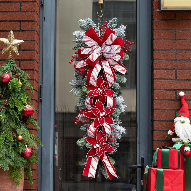 36 Inch Pre-Lit Christmas Teardrop Swag, Soomeir Winter Holiday Swags Wreaths with Red Velvet Glitter Stripe Ribbon, Red Berries for Front Door, Wall Window Fireplace Mailbox Artificial Decor