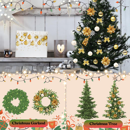 Christmas Tree Decoration Set, 88 Pcs Gold Christmas Ornaments Set with White Gold Christmas Ornaments Balls,Christmas Glitter Poinsettia Flowers,Glitter Berries Stems, Snowflakes, Bow for Christmas