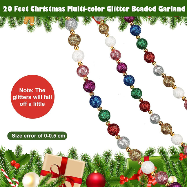 WILLBOND 20 Feet Christmas Multi-Color Glitter Beaded Garland Red Green Blue Purple Gold Silver White Pink Glitter Ball Christmas Garland for Fireplace Christmas Tree Decor