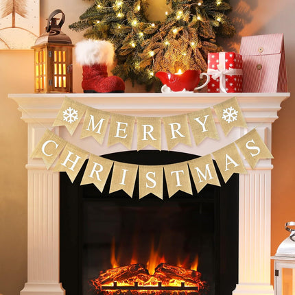 Whaline Merry Christmas Banner Burlap Christmas Fireplace Banner Christmas Wall Banners Snowflake Banner Bunting Garland Pre-Assembled Hanging Christmas Tree Decor for Christmas Party Supplies