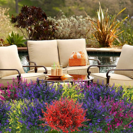 8 Bundles Outdoor Artificial Lavender Fake Flowers, Lifelike UV Resistant No Fade Faux Plastic Plants to Brighten up Your Garden Patio Porch Window Box Décor (Red)